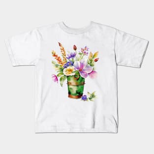 Watercolor Pail Filled with Spring Flowers Kids T-Shirt